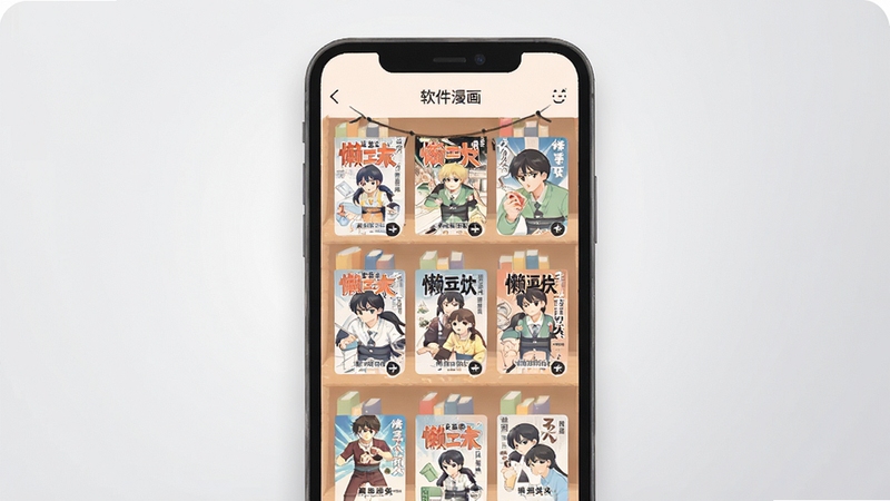 懒漫画 软件主界面 手机屏幕 书架展示 多本漫画封面 温馨阅读氛围 扁平化设计风格 柔和色调 高清画质 背景为浅灰色渐变 画面主体位于屏幕中央 适配Boogu模型生成
