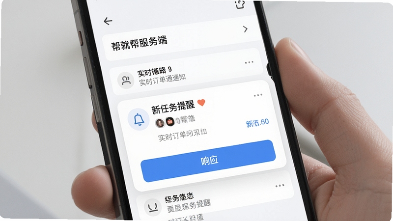帮就帮服务端手机界面展示实时订单推送通知列表,通知栏弹出新任务提醒,背景为浅色简约风格,突出消息卡片和响应按钮