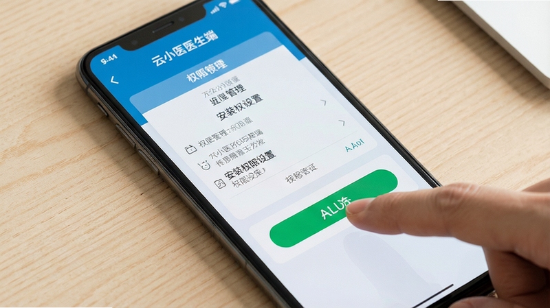 云小医医生端安装权限设置示意图,手机屏幕显示权限管理页面,手指正在点击允许按钮,背景为浅色桌面
