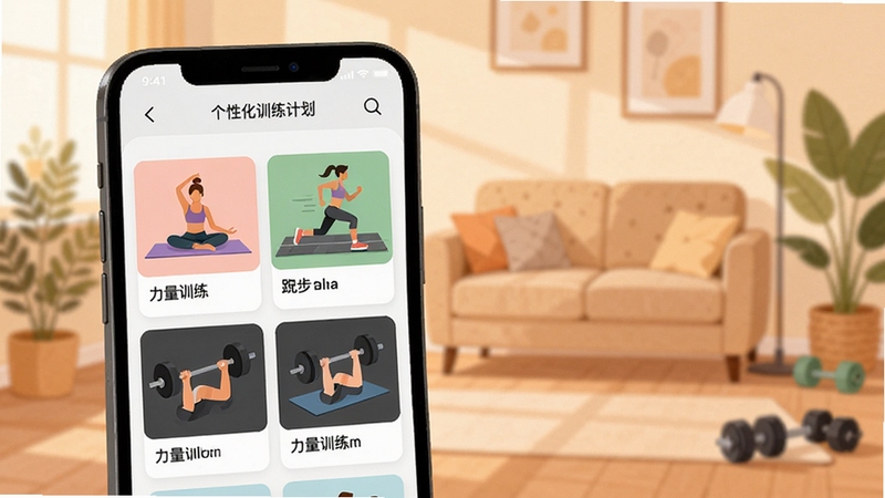 奥本运动APP界面展示个性化训练计划列表,手机屏幕上有瑜伽、跑步、力量训练等课程卡片,背景为居家健身场景,柔和暖色调,扁平化插画风格,细节清晰