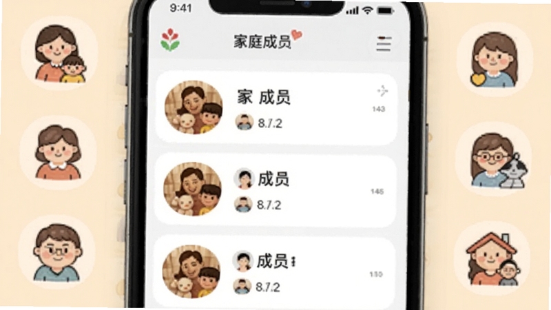 亲戚朋友家家庭群组创建界面,画面展示手机屏幕中多个家庭群组列表,每个群组配有温馨头像和成员数量,背景是柔和的米色,周围环绕着亲戚朋友家的标志性图标,适配Boogu模型生成
