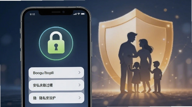 亲戚朋友家隐私安全保护界面,画面展示手机屏幕中安全锁图标和隐私设置选项,背景是盾牌和家庭剪影,象征安全与守护,适配Boogu模型生成