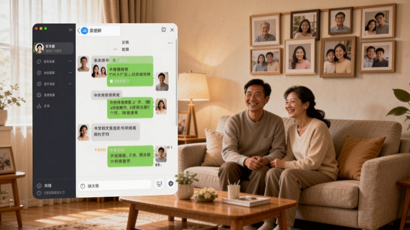 亲戚朋友家软件主界面全貌,画面中央为温馨的家庭群组聊天界面,背景是暖色调的客厅场景,包含沙发、茶几、全家福照片墙等元素,整体风格亲切自然,适配Boogu模型生成