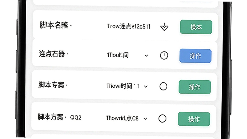 自动连点器专家脚本管理列表界面示意图,画面展示手机应用内脚本列表页面,包含多个已保存的连点方案条目,每条带有名称、时间与操作按钮,背景为简洁的白色卡片式布局,突出自动连点器专家脚本管理功能