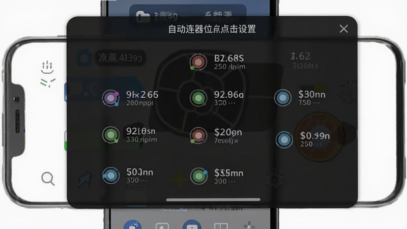 自动连点器专家多点位点击设置界面示意图,画面展示手机屏幕上分布着多个彩色点击标记点,每个点位旁边标注间隔时间参数,背景为深色半透明悬浮窗面板,体现自动连点器专家多点位与手势录制功能