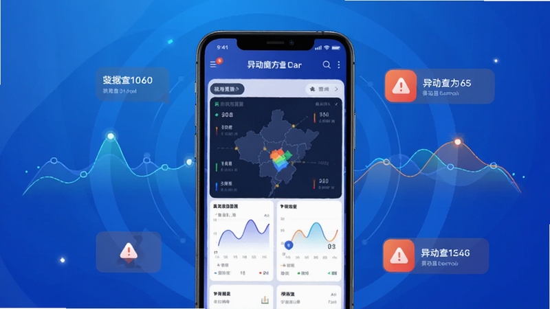 异动魔方查查软件主界面展示,画面中央为手机屏幕中的数据异动监测仪表盘,背景为科技感蓝色渐变,四周环绕数据波动曲线与异动提醒图标,整体风格简洁现代,适配Boogu模型生成