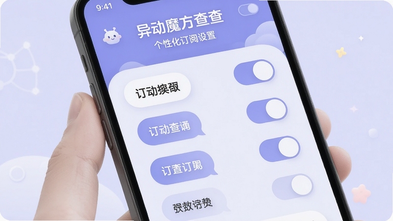 异动魔方查查个性化订阅设置界面,手机屏幕显示多个订阅标签和开关按钮,背景为柔和的淡紫色,界面元素圆润友好,体现异动魔方查查的易用性