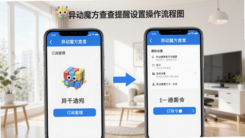 异动魔方查查提醒设置操作流程图,手机屏幕展示订阅管理页面和通知设置选项,背景为明亮的室内环境,画面清晰展示操作步骤,突出异动魔方查查的便捷性