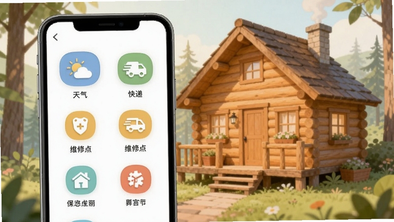 云木屋应用内便民工具集合界面展示,手机屏幕中排列着天气、快递、维修点等图标,背景为温馨的木屋风格插画,整体色调柔和清新