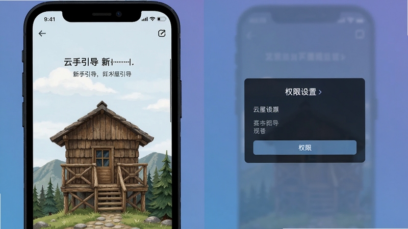 云木屋移动端操作界面截图,展示新手引导页面与权限设置弹窗,画面清晰,手机边框为深色,背景为纯色渐变
