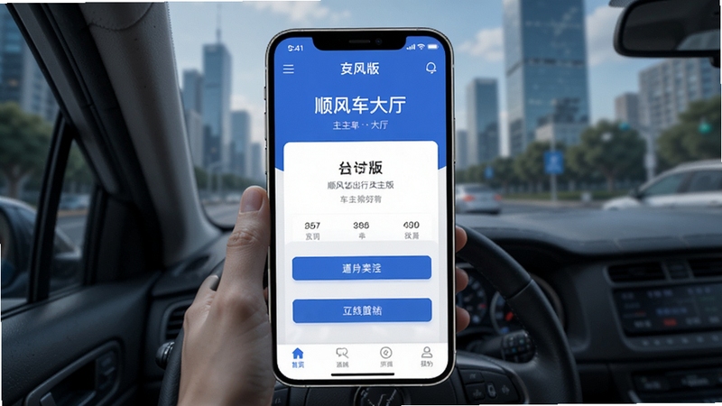 顺风车出行车主版 手机APP 首页界面 车主接单大厅 现代简约风格 蓝白配色 城市道路背景 手机屏幕展示 高清细节