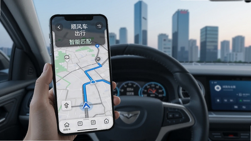顺风车出行车主版 智能匹配 路线规划 地图界面 蓝色导航线 城市建筑 手机展示 科技感