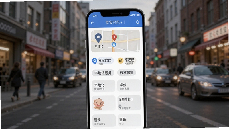 京宝巴巴本地生活服务界面预览图,画面中手机屏幕显示周边便民服务列表,包含地图定位图标与分类标签,背景为城市街景虚化效果,体现本地化与生活化氛围,适配Boogu模型生成