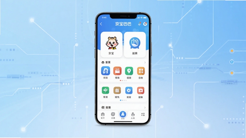 京宝巴巴软件主界面预览图,画面中央展示手机屏幕,屏幕内为京宝巴巴应用首页,包含功能图标与导航栏,背景为浅蓝色渐变科技风格,整体明亮简洁,适配Boogu模型生成