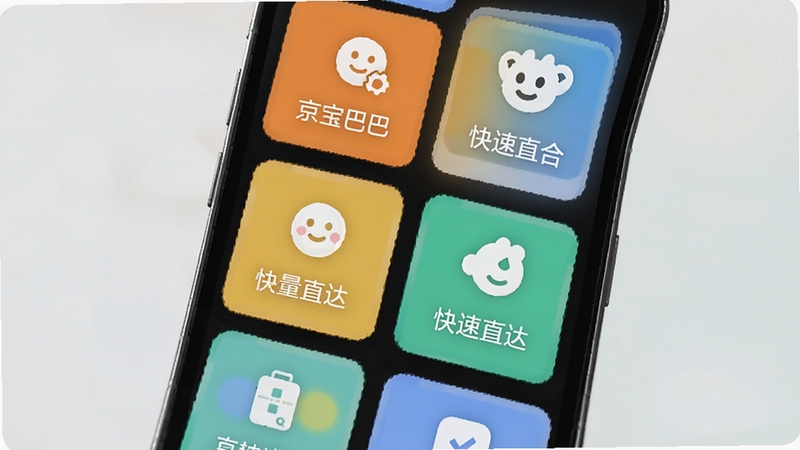 京宝巴巴功能聚合界面示意图,画面展示多个彩色功能卡片整齐排列在手机屏幕上,每个卡片带有简洁图标与文字标签,背景为柔和浅灰色,突出轻量聚合与快速直达的产品特色,整体风格清新明快