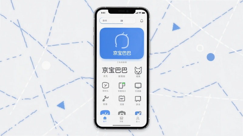 京宝巴巴简洁界面设计展示图,画面展示手机屏幕干净清爽的应用界面,无广告弹窗,配色以白灰蓝为主,背景为极简几何线条,突出无干扰与清爽体验,适合Boogu模型生成