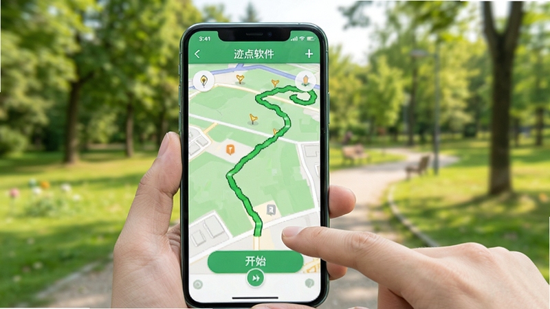 迹点软件轨迹绘制操作示意图,画面中一部手机显示地图界面,手指正在点击开始记录按钮,地图上出现一条正在延伸的绿色轨迹线,背景为户外公园场景,画面风格清新自然,突出迹点软件操作便捷性