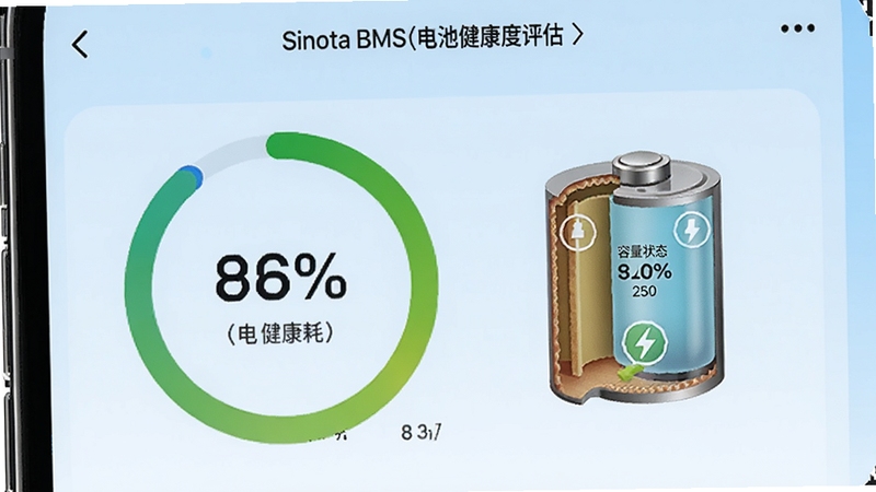 Sinota BMS ��ؽ���������ҳ�棬�ֻ���Ļ��ʾ��ؽ����ٷֱ�Բ��ͼ���Ա߱�ע���������ֵ������Ϊǳ��ɫ���䣬�������е������ʾ��ͼ�ͽ���״̬��ǩ�������ˬֱ��