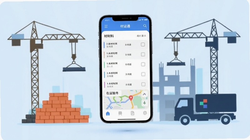 材运通 软件主界面展示图,画面中央为手机屏幕悬浮在浅蓝色渐变背景中,屏幕内显示材料列表与运输地图,四周环绕建筑工地元素如吊塔、砖块、货车剪影,整体风格扁平化科技感,适配Boogu模型生成,分辨率1080x1920