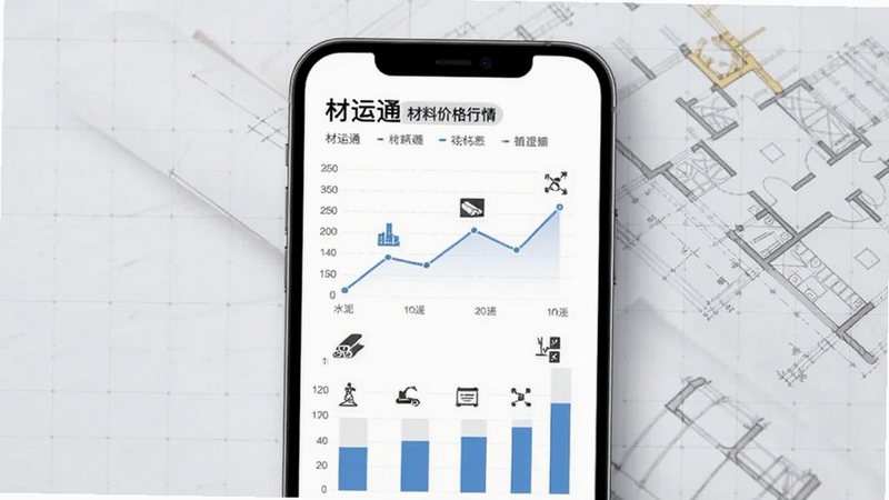 材运通 材料价格行情页面,画面为手机屏幕显示折线图与柱状图,标注水泥、钢材等图标,背景为淡灰色网格与建筑图纸纹理,风格简洁商务,适配Boogu模型生成