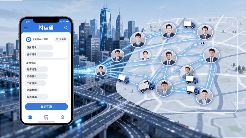 材运通 智能匹配功能示意图,画面左侧为手机发布需求表单,右侧为地图上多个供应商头像与货车图标连线,背景为城市建筑群与道路网格,色调以蓝白为主,突出数据流动感,适配Boogu模型生成