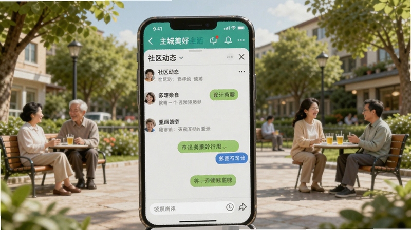 主城美好生活APP邻里互动界面展示,画面中心为手机屏幕显示社区动态与聊天窗口,背景为绿树成荫的社区广场,居民在休闲交流,画面温馨和谐,色彩清新,Boogu模型生成