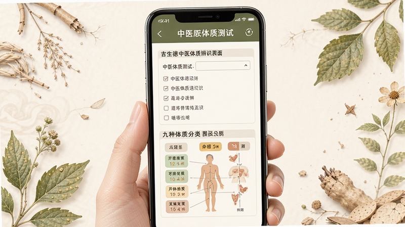 吉生德中医体质辨识界面展示,手机屏幕中显示中医体质测试问卷和九种体质分类图表,背景为淡雅的中医草本元素装饰,整体色调温和舒适