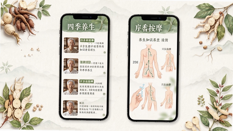 吉生德中医养生知识科普页面展示,手机屏幕中呈现四季养生文章列表与穴位按摩图解,背景融入淡雅的中药材插画元素,整体风格清新自然
