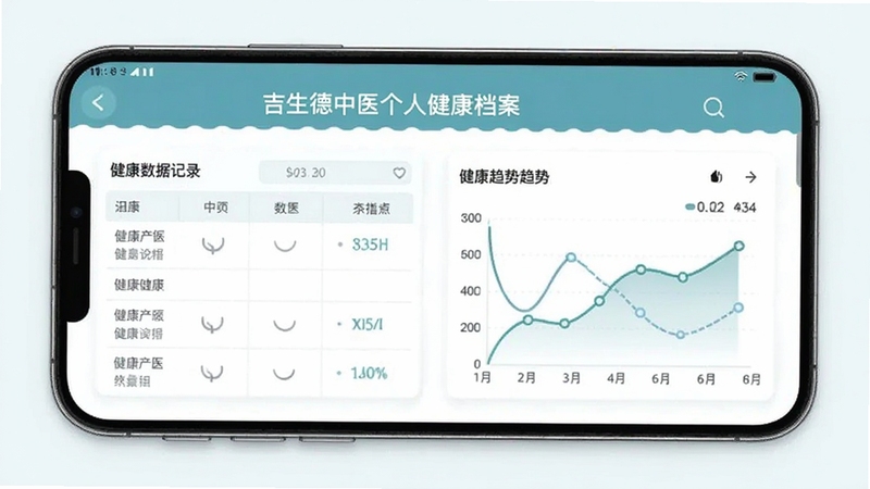 吉生德中医个人健康档案页面,展示健康数据记录表格与趋势曲线图,界面简洁清晰,手机端展示效果,浅色背景