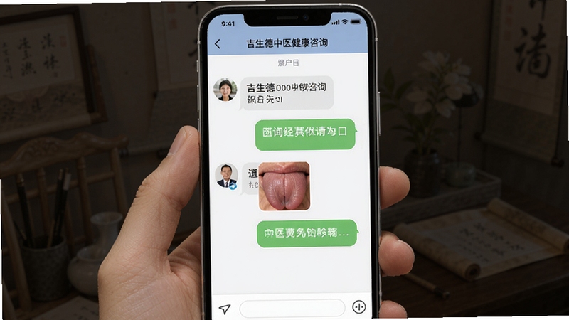吉生德中医在线咨询功能界面,展示用户与中医健康顾问的文字对话界面,手机聊天窗口样式,包含舌象照片上传缩略图,界面干净整洁