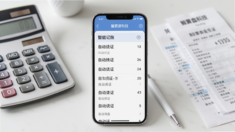 鲸算盘科技智能记账界面展示,画面中央是手机屏幕显示自动凭证生成列表,背景为简洁的办公室桌面,有计算器和票据,整体色调清新专业