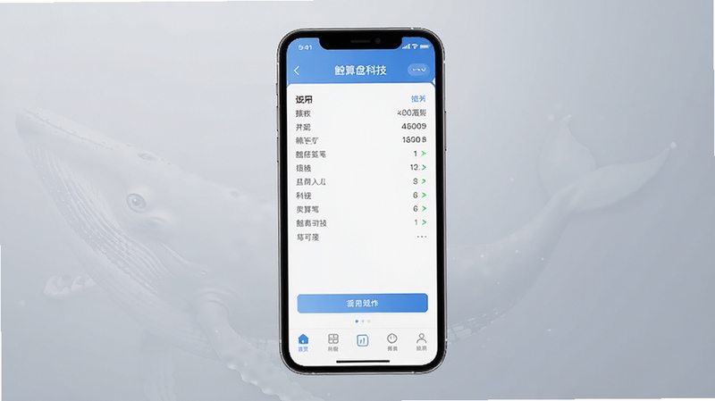 鲸算盘科技移动端操作界面截图,画面展示手机屏幕中的记账页面与底部导航栏,背景为柔和渐变灰色,突出简洁易用的交互设计