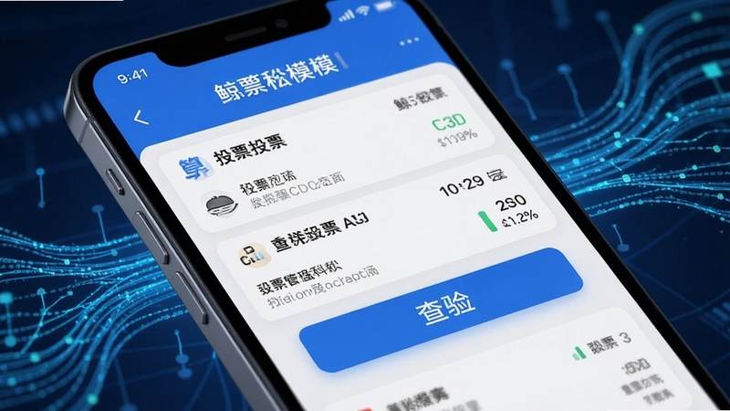鲸算盘科技发票管理模块特写,画面展示手机界面中的发票列表与查验按钮,背景有淡蓝色数据流动线条,强调科技感与财税场景结合