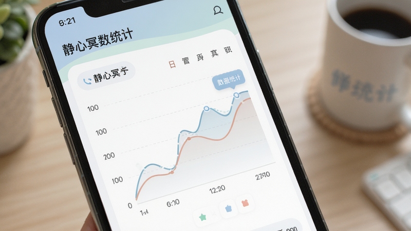 静心冥数 数据统计页面 折线图 日历打卡 柔和配色 手机界面