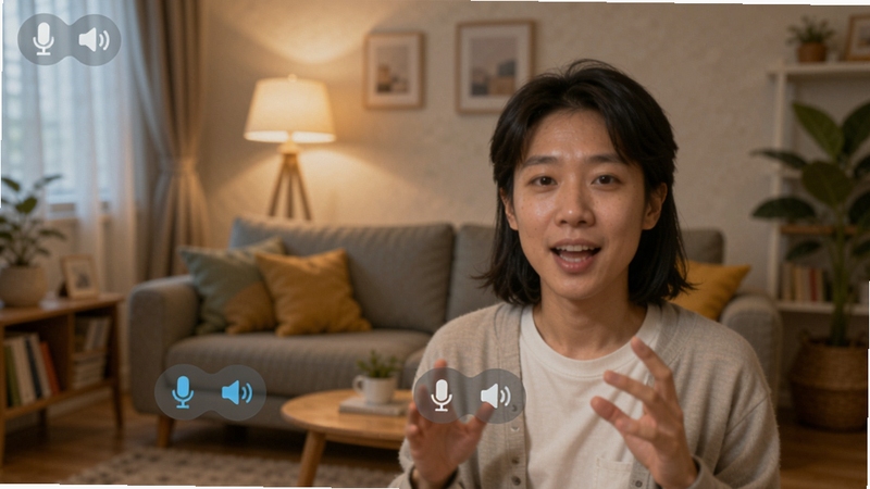 萤光云监控语音对讲功能展示,手机界面显示麦克风与扬声器图标,画面中摄像头位于客厅,人物正在对着镜头说话,背景温馨居家环境