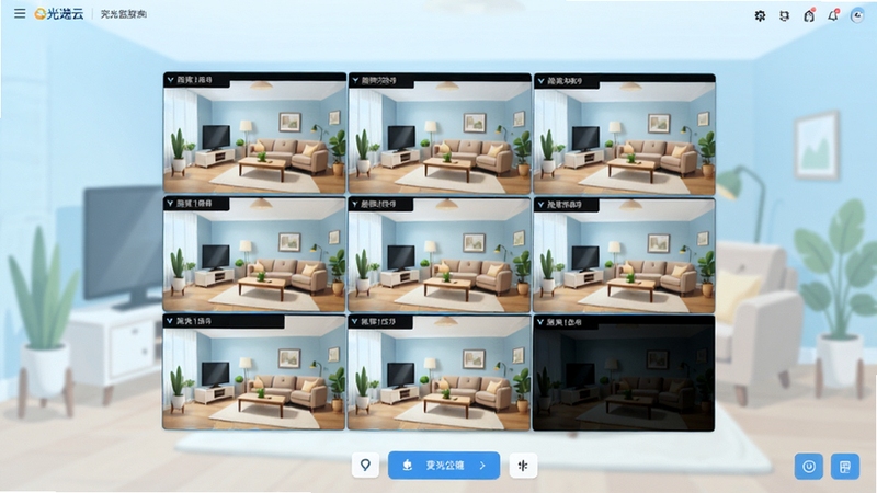 萤光云监控软件主界面全貌展示,画面中央为九宫格实时视频预览窗口,背景是浅蓝色渐变的家居环境插画,主体坐标位于画面正中偏上区域,背景区域为柔和的室内客厅场景,整体风格简洁明亮,突出监控画面的清晰度与操作按钮的易用性