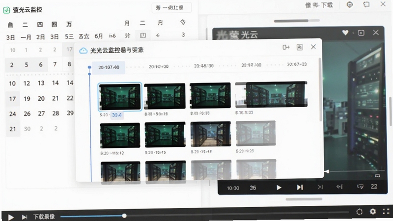萤光云监控历史录像回看界面展示,画面主体为时间轴与录像片段缩略图列表,背景区域为日历选择面板与播放窗口,主体坐标位于画面中央,整体风格干净整洁,突出按时间检索与下载录像的便捷操作