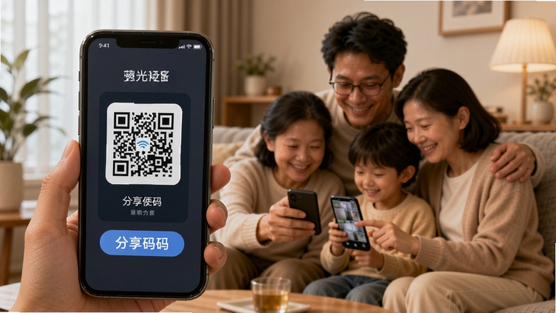 萤光云监控设备分享功能示意图,画面主体为手机屏幕显示分享二维码与分享码,背景区域为家庭成员围坐查看手机的场景,主体坐标位于画面中央偏左位置,整体风格温馨自然,突出多人共享监控画面的便利性