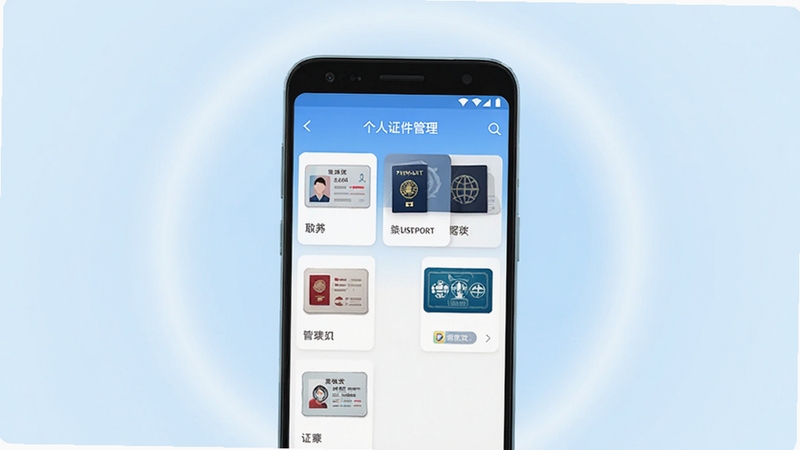 软件名字个人证件管理预览图:画面中央展示一部安卓手机,手机屏幕上显示个人证件管理APP的主界面,界面中有身份证、护照、驾驶证等证件卡片式图标整齐排列,背景为淡蓝色渐变,周围有柔和的圆形光晕,整体风格简洁清爽,适配Boogu模型生成