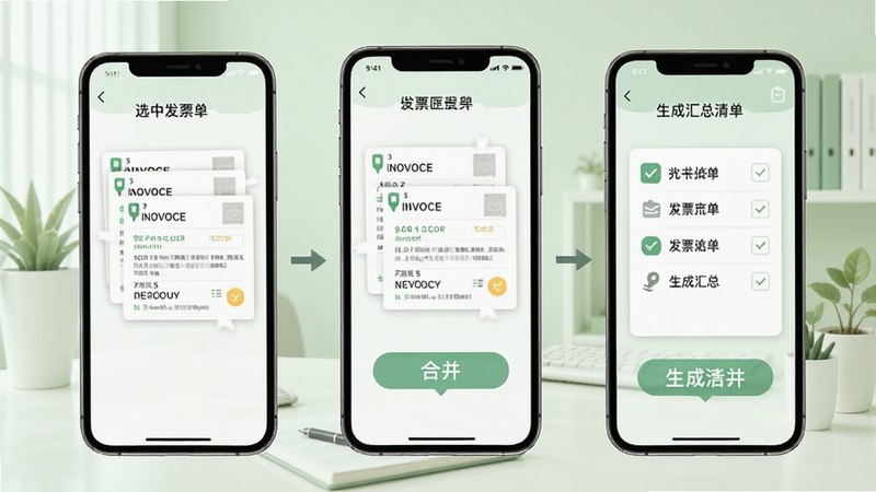 发票匣合并发票操作流程示意图,画面以手机界面形式逐步展示选中多张发票、点击合并按钮、生成汇总清单三个步骤,背景为淡绿色办公场景,整体风格简洁直观,帮助用户理解合并功能的使用方法