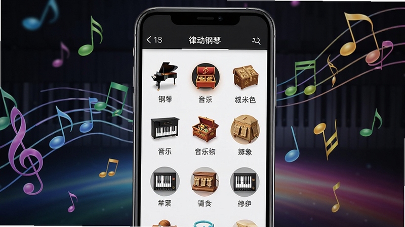 律动钢琴多音色切换功能展示,手机界面显示音色选择列表,包含钢琴、电钢琴、音乐盒等图标,背景为彩色音符漂浮的抽象音乐空间
