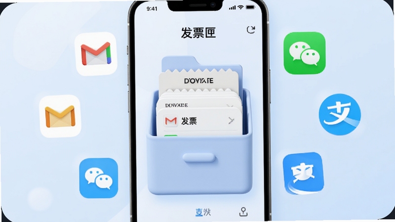 一款名为发票匣的手机应用界面展示,画面中央是发票列表收纳盒的3D渲染图,周围环绕着邮箱、微信、支付宝等来源图标,背景为浅蓝色渐变,整体风格清新简洁,突出智能归集功能