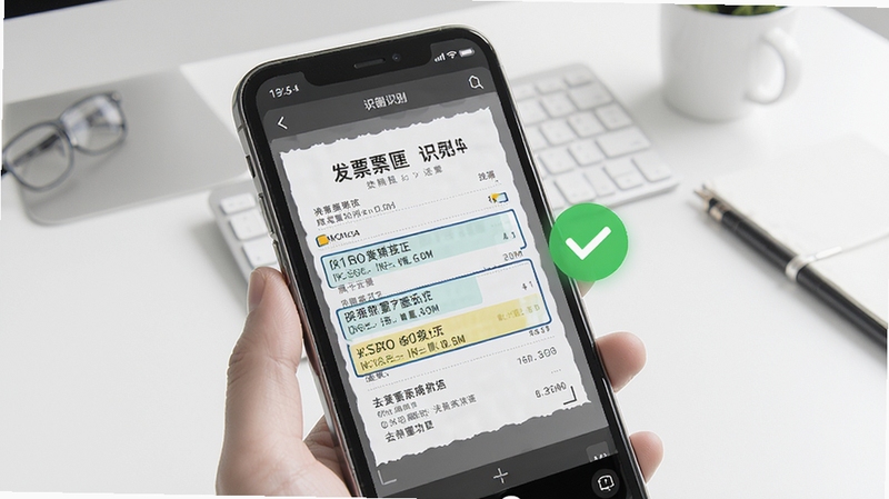 发票匣应用中的智能识别功能展示,画面主体为手机屏幕显示发票扫描识别过程,发票上的关键信息被高亮框选,旁边有对勾图标表示去重成功,背景为干净的白色办公桌面,风格专业商务