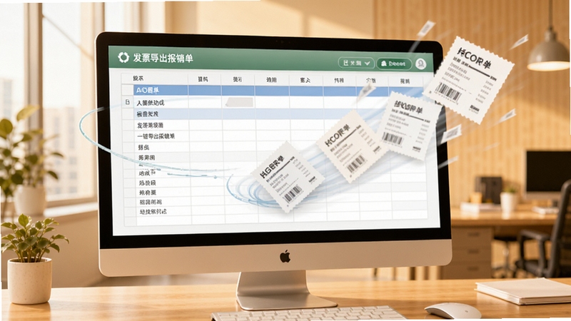 发票匣一键导出报销单功能的示意图,画面展示电脑屏幕上报销单表格自动生成的过程,发票缩略图飞入表格中,背景为现代办公室环境,色调温暖明亮