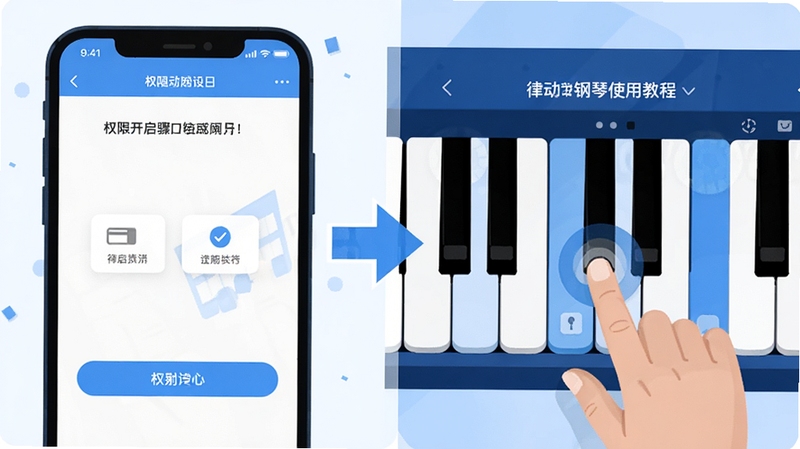 律动钢琴使用教程示意图,画面分为左右两部分,左侧为手机设置界面截图风格,展示权限开启步骤,右侧为律动钢琴弹奏界面,手指正在触控琴键,画面中间有箭头引导,整体采用扁平化插画风格,色调以蓝白为主,清晰直观