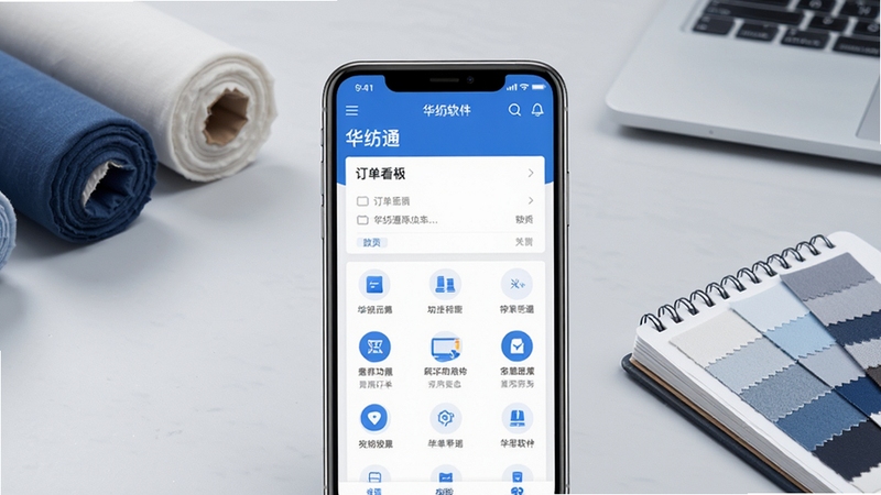 华纺通软件主界面全貌展示,画面中央放置一部智能手机,屏幕显示华纺通应用首页的订单看板与功能入口图标,背景为浅灰色现代办公桌面,桌面上点缀纺织面料卷和色卡本,整体色调以蓝色和白色为主,简洁商务风格,高清细节,适合软件下载站展示图