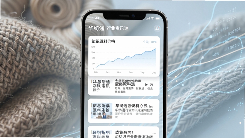 华纺通行业资讯速递功能展示,手机界面显示资讯列表卡片,卡片上有纺织原料价格图表和新闻标题,背景为抽象的纺织纹理与数据线条,色调偏暖灰与浅蓝,体现信息聚合与阅读场景,适合作为功能介绍配图
