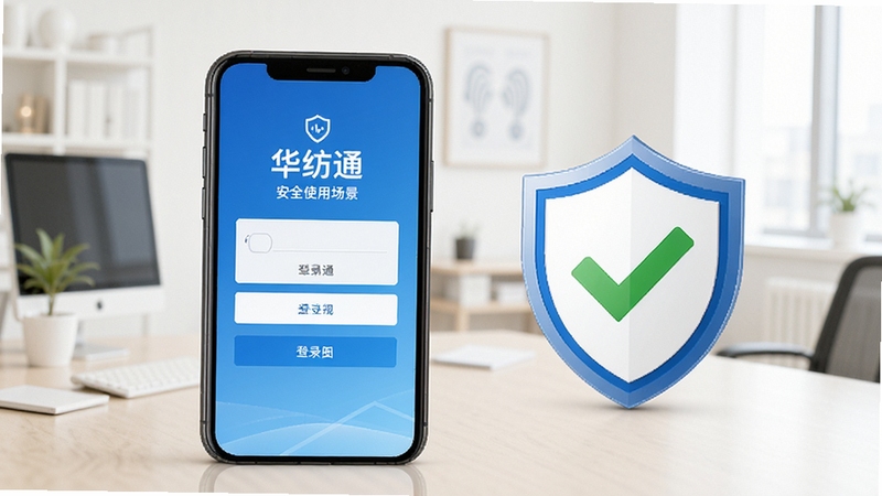 华纺通安全使用场景示意图,画面展示一部手机屏幕显示华纺通登录界面,旁边有盾牌图标和绿色对勾标识,背景为浅色办公环境,整体风格干净可信,突出安全与正规下载主题