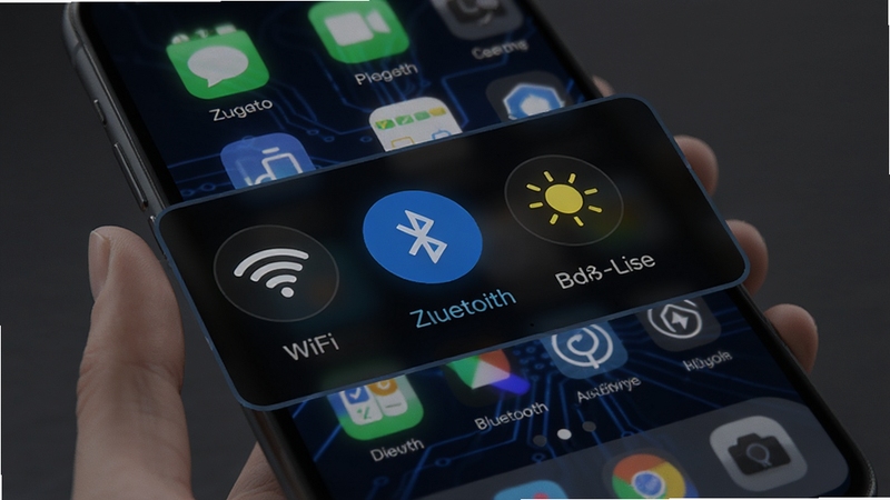 Zugato快捷操作面板悬浮于手机桌面,展示WiFi、蓝牙、亮度等快捷按钮,背景为深色科技感风格,图标发光