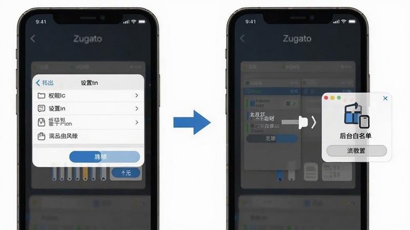 Zugato使用教程示意图,展示手机安装权限设置和后台白名单配置步骤,背景为白色简洁风格